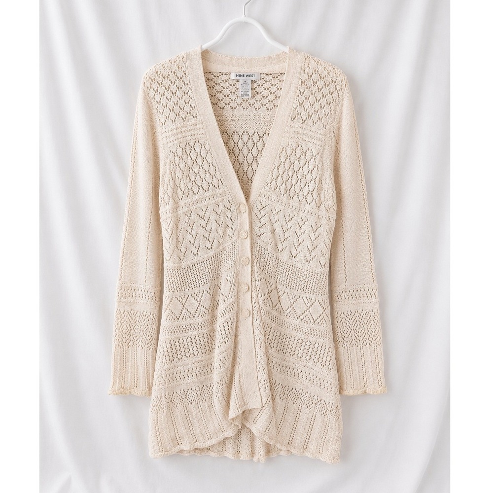 Nine West Merino Wool Crochet Knit Cardigan Womens M‎ Cream Boho Sweater